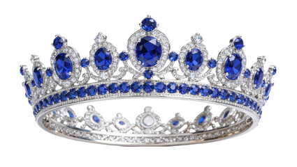 Ornate silver tiara with large blue sapphires and small diamonds, isolated on transparent background © Luke