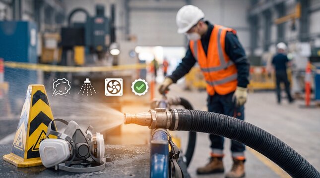 Worker using a high pressure water hose for industrial cleaning in a factory facility environment with equipment manufacturing facility operates pressurized water visibility gear operates