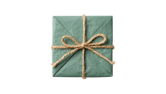 Square teal gift box wrapped with twine, isolated on transparent background