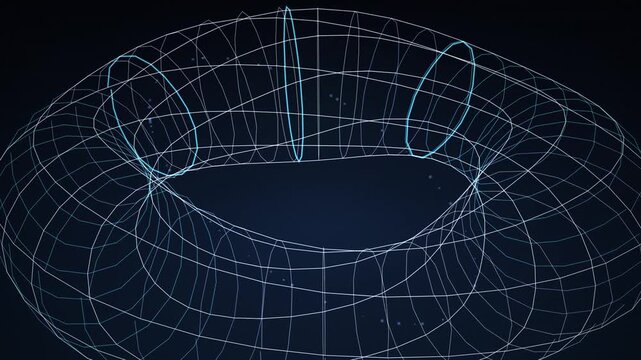 Abstract digital torus wireframe structure with glowing particles on dark background