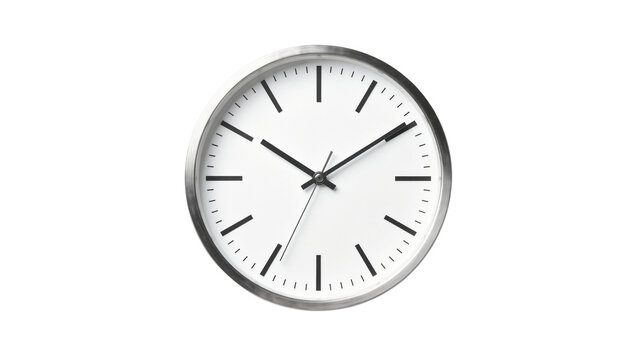 Modern metallic wall clock with black hour and minute hands, isolated on transparent background