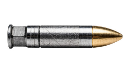 Metallic bullet with brass projectile and scratched steel casing, isolated on transparent background © Laura