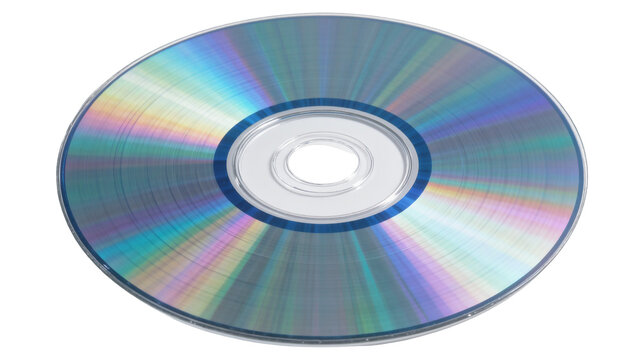 Shiny silver compact disc with rainbow spectrum reflections, isolated on transparent background