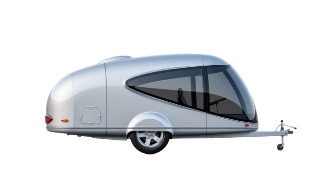 Futuristic silver teardrop travel trailer with large panoramic windows, isolated on transparent background