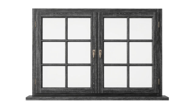 Dark wood double casement window with brass handles, isolated on transparent background