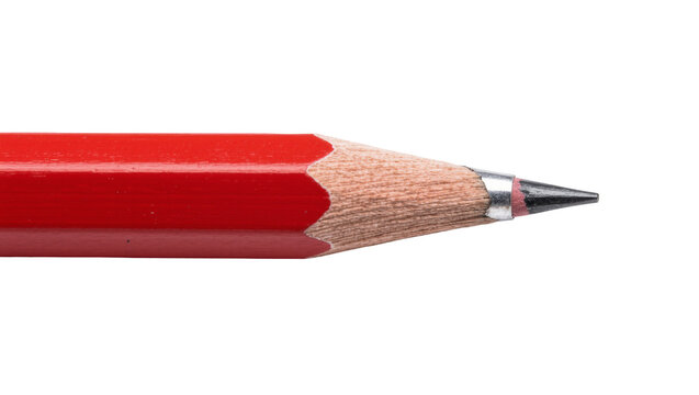 Sharp red wooden pencil tip with graphite lead, isolated on transparent background