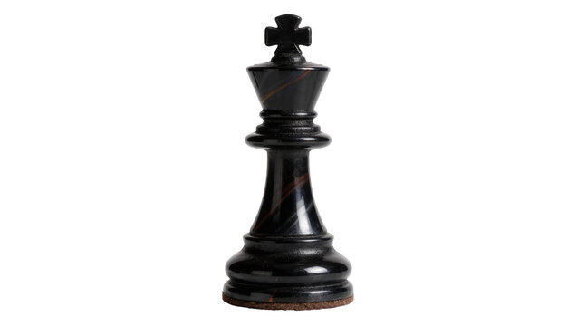 Polished black marble chess king piece with red veins, isolated on transparent background