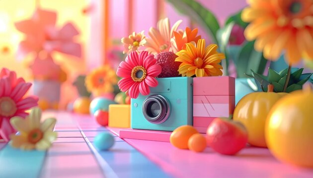Close up of camera box with vibrant spring flowers