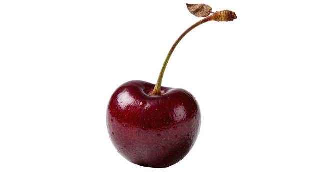 Single ripe dark red cherry with stem and leaf, isolated on transparent background