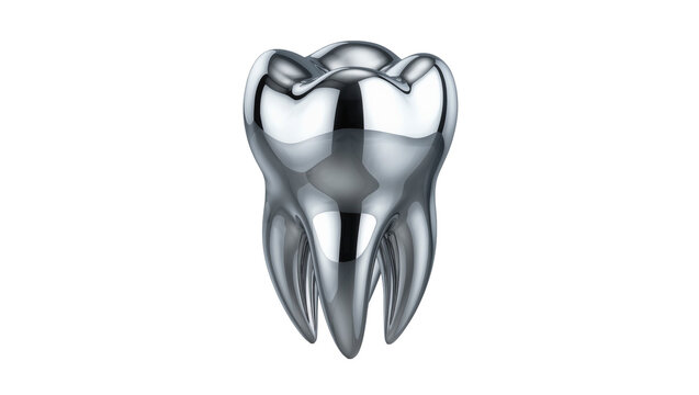 Shiny chrome molar tooth with roots, isolated on transparent background