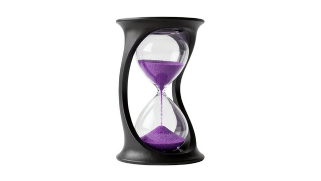 Black hourglass with purple sand flowing, isolated on transparent background