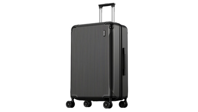 Modern dark grey ribbed suitcase with telescopic handle and wheels, isolated on transparent background
