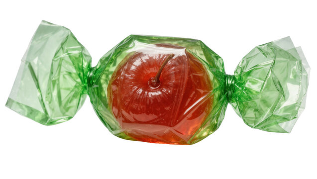 Red apple candy wrapped in shiny green cellophane, isolated on transparent background
