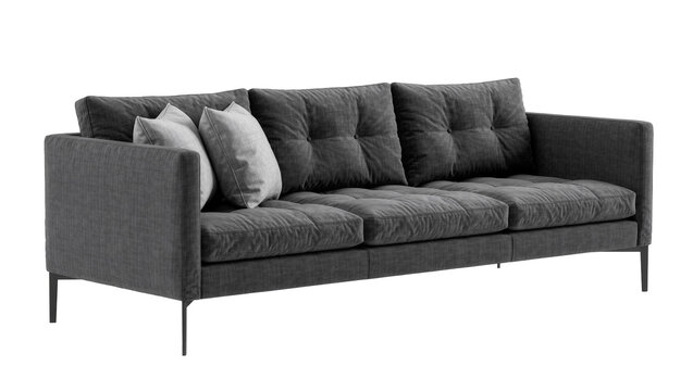 Dark gray fabric sofa with tufted cushions and two light gray pillows, isolated on transparent background