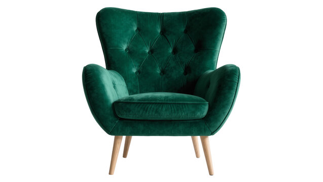 Deep green velvet armchair with tufted back and wooden legs, isolated on transparent background