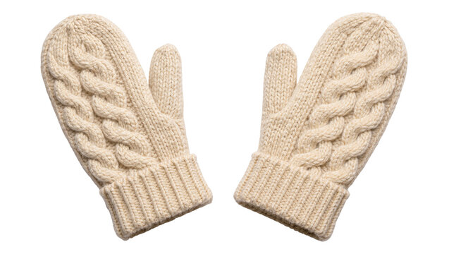 Cream cable knit mittens with ribbed cuffs, isolated on transparent background