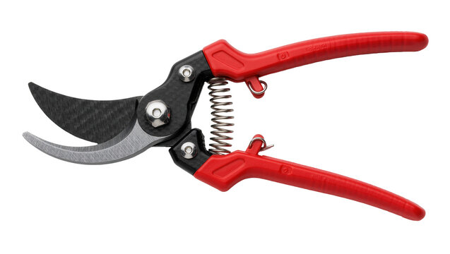 Red handled bypass pruning shears with sharp blades, isolated on transparent background