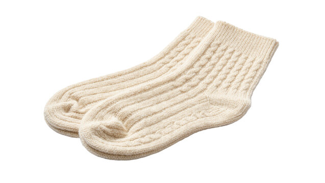 Cream cable knit wool socks, cozy winter apparel isolated on transparent background