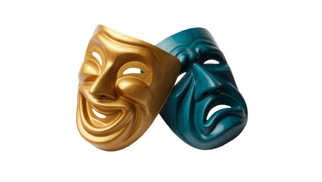 Golden comedy and teal tragedy theater masks, isolated on transparent background
