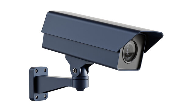 Dark blue surveillance camera mounted on a bracket, isolated on transparent background