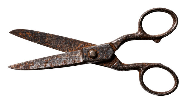 Antique rusty metal scissors with textured blades, isolated on transparent background