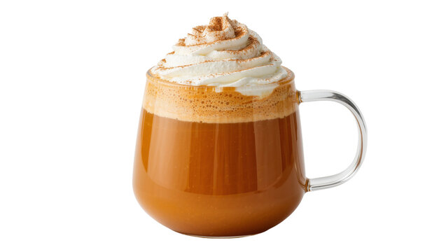 Warm pumpkin spice latte with whipped cream and cinnamon, isolated on transparent background