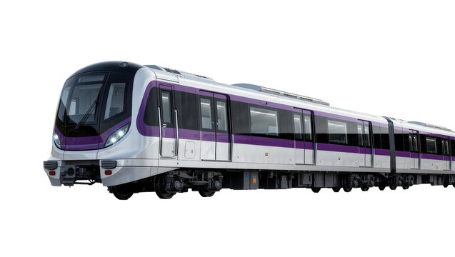 Modern silver and purple metro train, isolated on transparent background