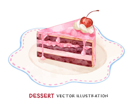 Red velvet slice cake on aesthetic plate. Watercolor vector dessert illustration.