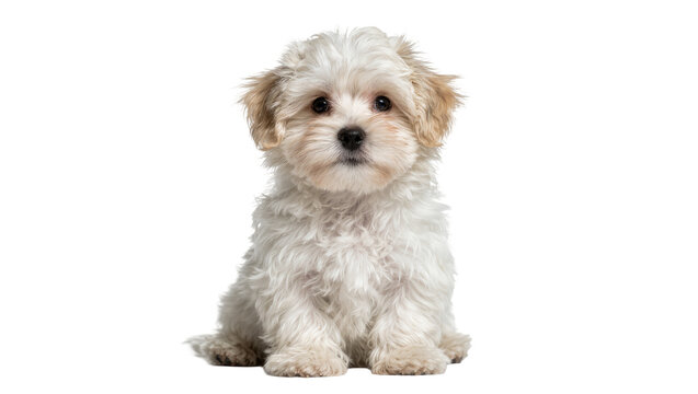 Fluffy white Bichon Frise puppy with tan ears sitting, isolated on transparent background
