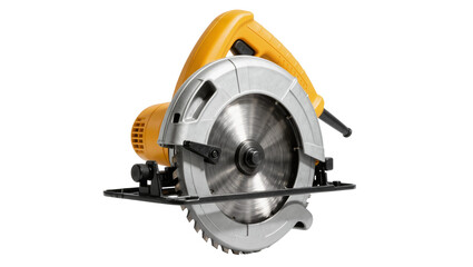 Yellow and silver circular saw with sharp metal blade, isolated on transparent background © Luke