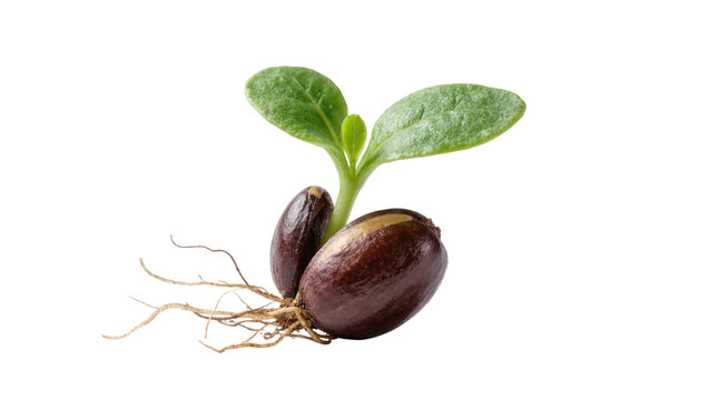 Young green seedling emerging from two brown seeds with delicate roots, isolated on transparent background