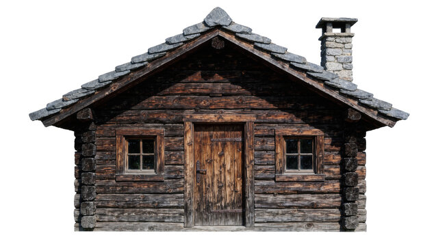 Rustic wooden log cabin with stone chimney and slate roof, isolated on transparent background