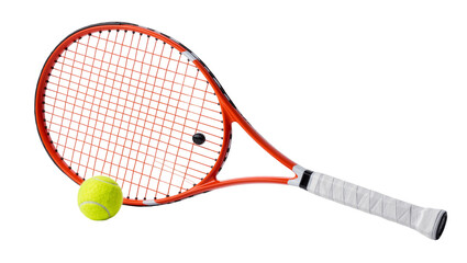 Orange tennis racket with white grip and yellow ball, isolated on transparent background © Luke