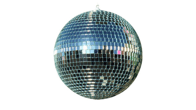 Shiny disco ball covered in small mirrored squares, isolated on transparent background