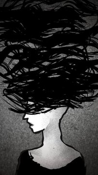 woman surrounded by tangled webs of thoughts in sketch grunge style