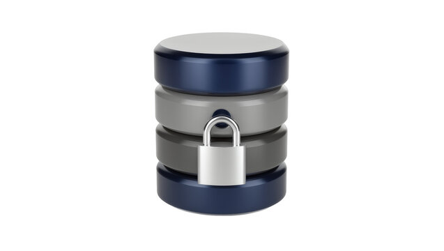 Stack of three database cylinders with a silver padlock securing them, isolated on transparent background