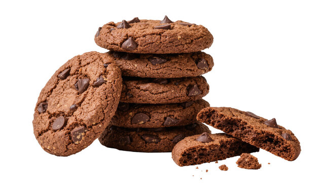 Stack of rich dark chocolate chip cookies one broken in half, isolated on transparent background