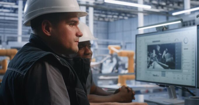 In Glass Control Room, Two Engineers Supervise Automated Robotic Assembly Lines on Dual Displays. Cyber Physical Systems and Smart Automation Drive High Tech Plant Efficiency. Team Collaboration.
