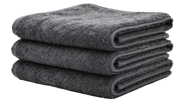 Stack of three dark grey fluffy towels, neatly folded and isolated on transparent background