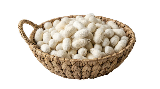 Basket of traditional silk cocoons isolated on white background, ideal for sericulture heritage and craft design, and creative projects, high quality visuals, modern branding needs