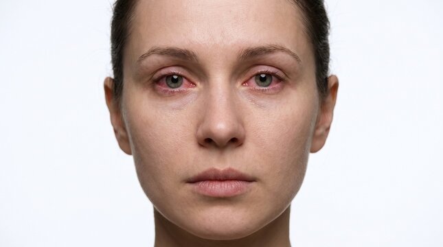 Close Up of Woman Face with Red Eyes Blepharitis and Allergic Conjunctivitis Symptom