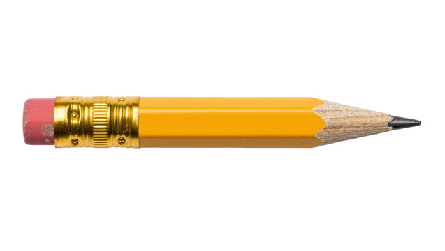 Yellow hexagonal pencil with pink eraser and graphite tip, isolated on transparent background
