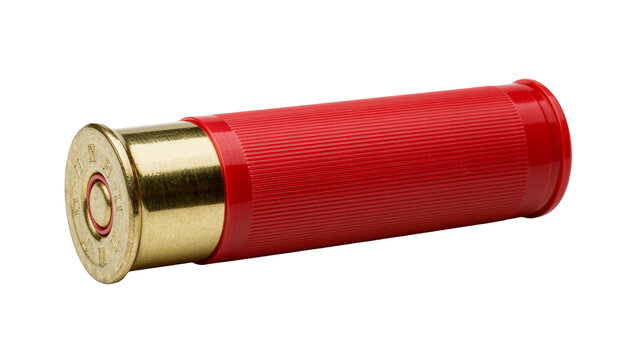 Red shotgun shell with brass base, isolated on transparent background
