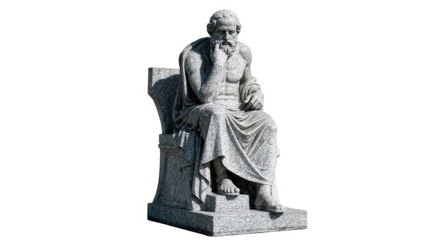 Ancient Greek philosopher statue in thoughtful pose, isolated on transparent background