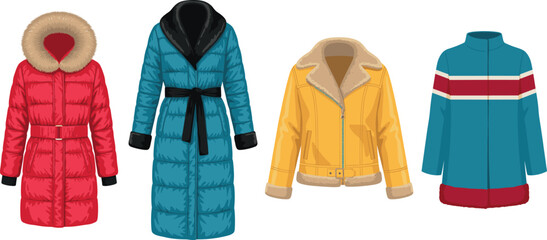 Winter coat vector set featuring female puffer jackets down parkas and shearling jackets for seasonal autumn fashion design © tuzam