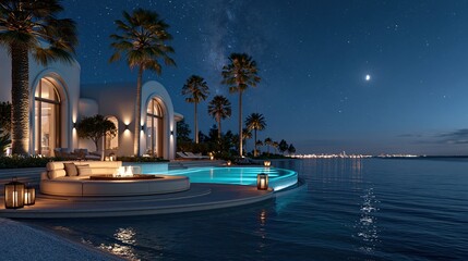 Obraz premium Luxury modern villa infinity pool at night with