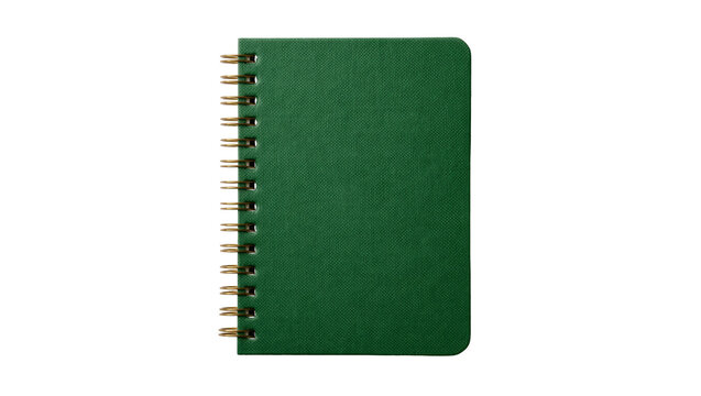 Green textured spiral notebook with gold binding, isolated on transparent background