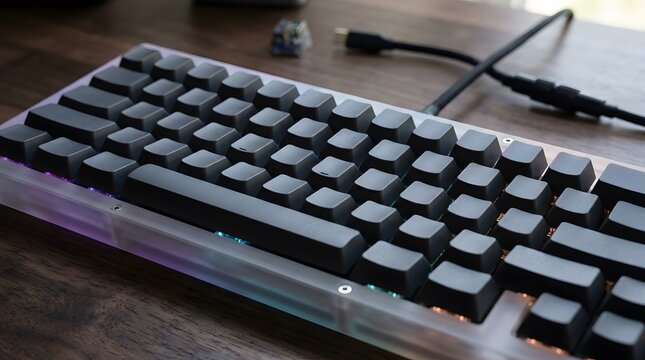 Mechanical gaming keyboard with transparent acrylic keycaps mockup on wooden desk