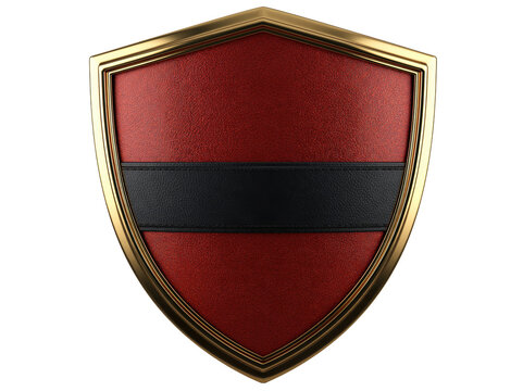 Red and black shield emblem with a metallic gold border isolated on a white background