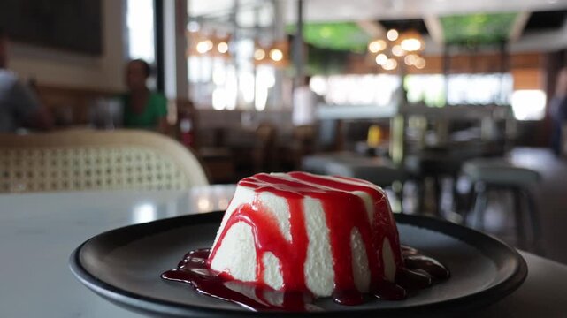 White dessert with red sauce on black plate in cafe.